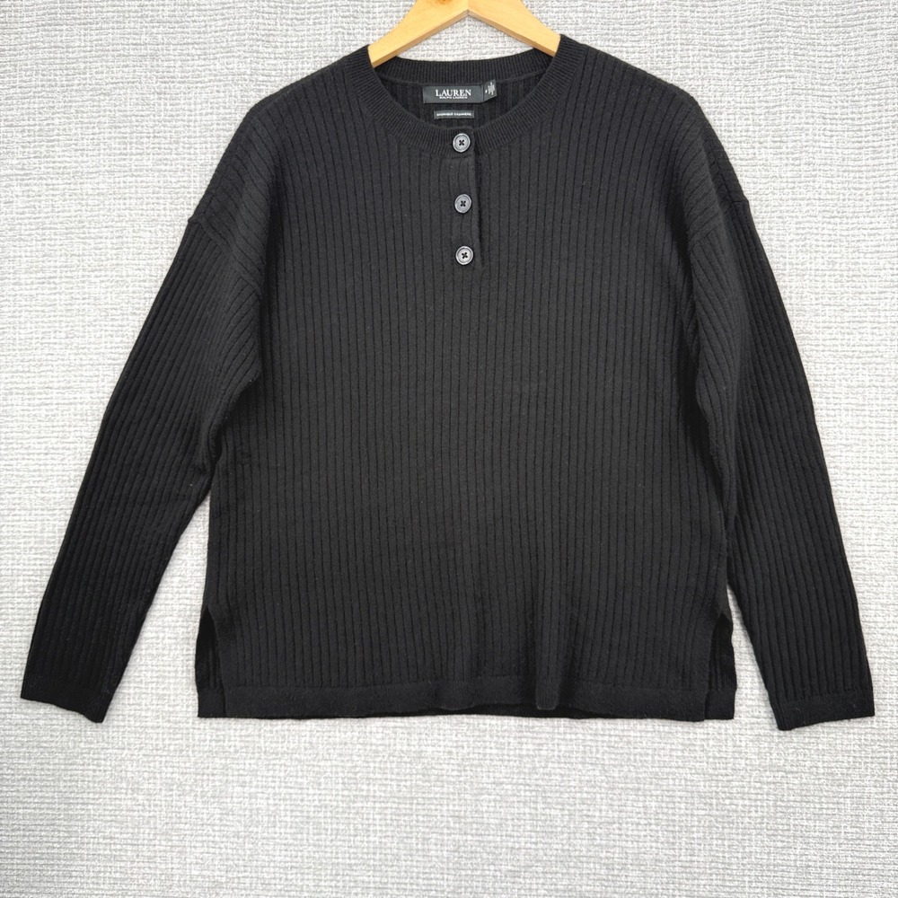 Ralph Lauren Men Sz M Washable Cashmere Ribbed Button Henley Sweater Black Label